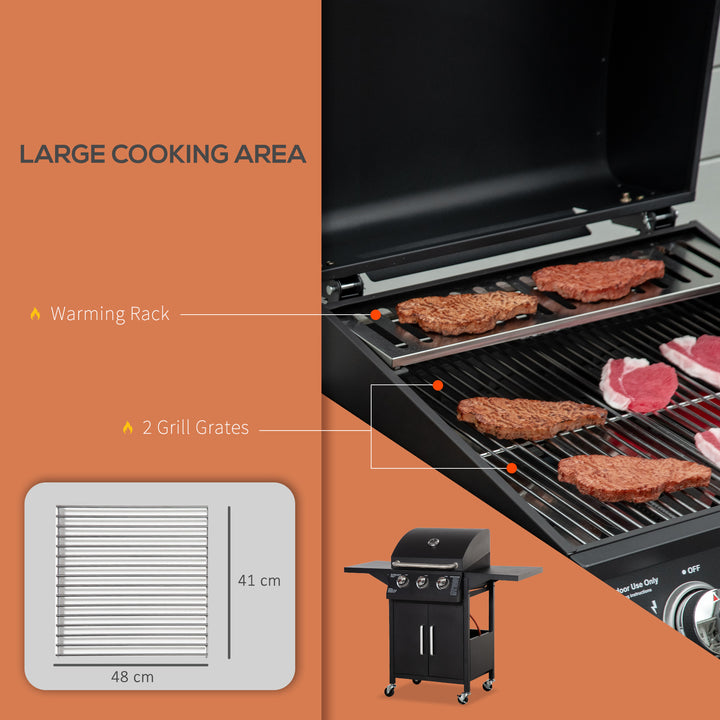 3 Burner Gas BBQ Grill Outdoor Portable Barbecue Trolley w/ Warming Rack, Side Shelves, Storage Cabinet, Thermometer, Carbon Steel, Black