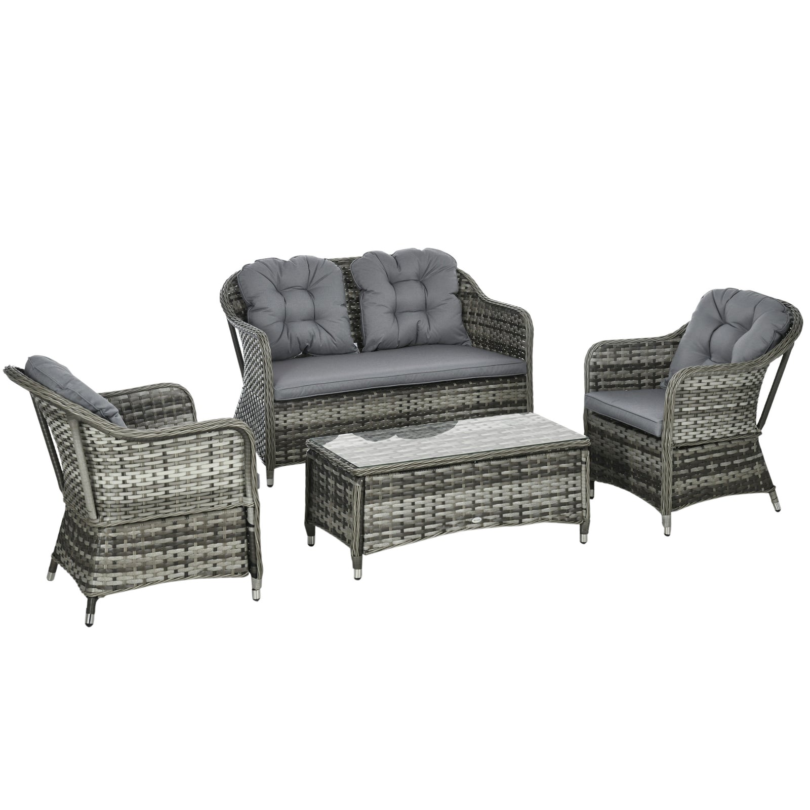 Four-Piece Rattan Sofa Set, with Glass-Top Table - Mixed Grey