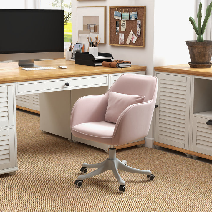 Velvet Office Chair, Desk Chair, Makeup Vanity Chair with Massage Lumbar Pillow and Rolling Wheels for Bedroom and Home, Pink