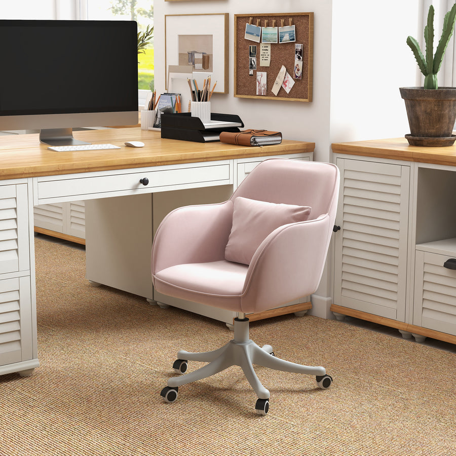 Velvet Office Chair, Desk Chair, Makeup Vanity Chair with Massage Lumbar Pillow and Rolling Wheels for Bedroom and Home, Pink