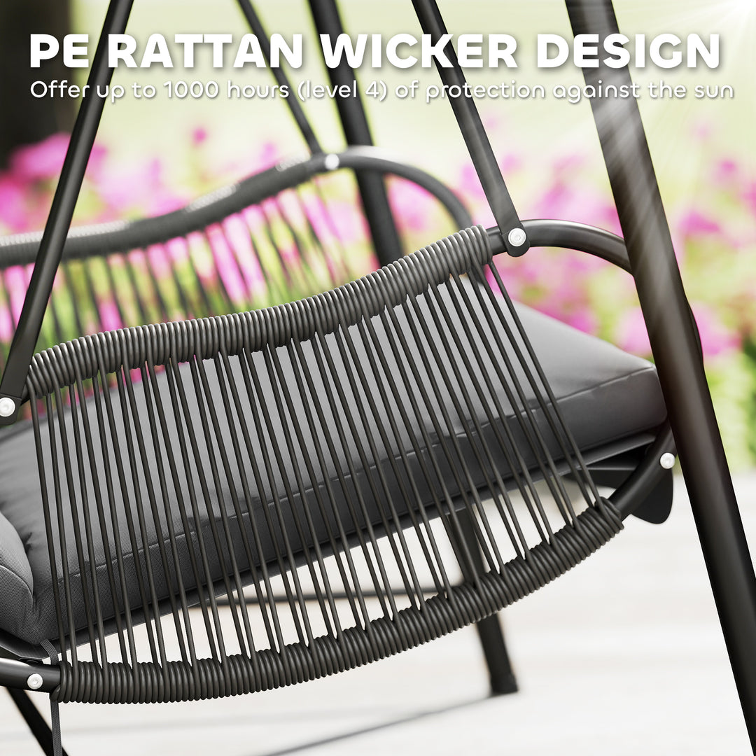 Rattan Swing Chair, Outdoor Garden Hanging Swing Seat with Stand and Seat Cushion, Porch Hanging Chair for Balcony, Garden, Deck, Dark Grey
