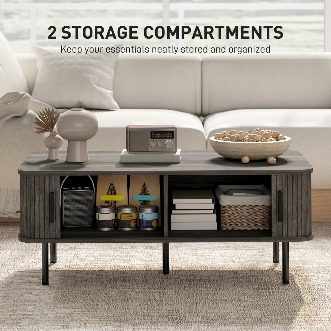 Coffee Table with Storage, Living Room Table with Slatted Tambour Sliding Doors and Foot Pads, Rectangular Coffee Table with Elevated Base for Living Room, Grey Wood-Effect