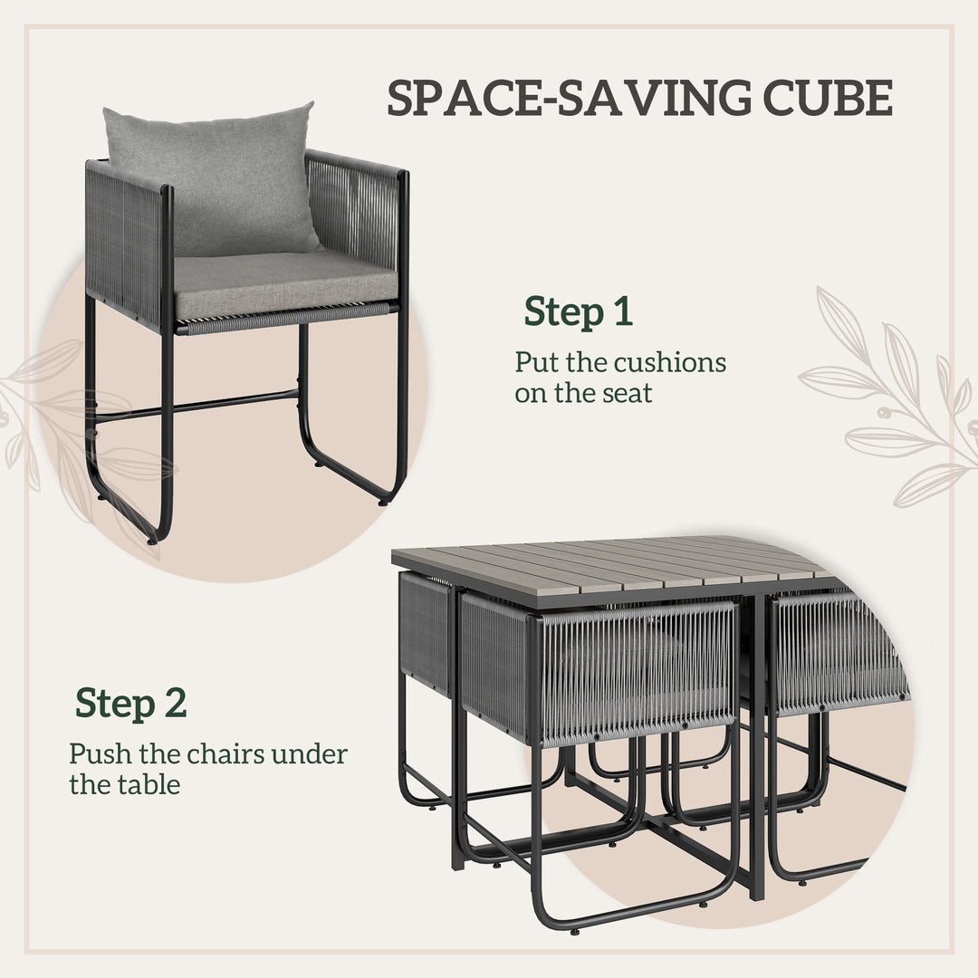 4 Seater Rattan Cube Garden Furniture Set, Rattan Dining Set with Cushions, Outdoor Dining Table and Chairs with Rectangular Wood Grain Plastic Top Table for Patio, Balcony, Grey