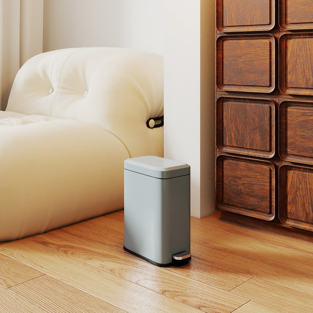 5L Rectangular Compact Bin Steel Body Removable Bucket Quiet-Close Lid w/ Pedal Lid Rubbish Trash Can Home Office Bedroom Bathroom Living Room Garbage Tidy Clean Grey
