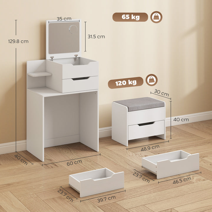 Vanity Desk Flip Top Hidden Mirror Vanity Rolling Stool Open Shelf - view 3