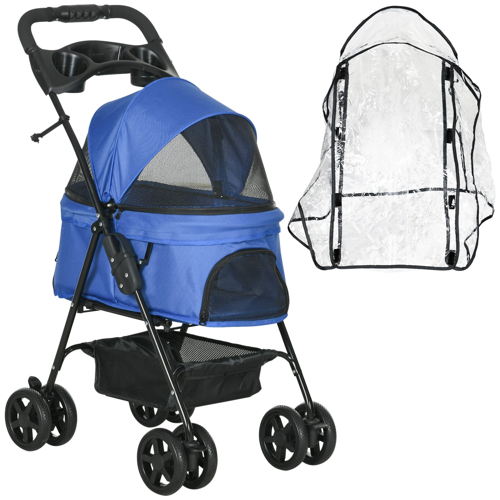 Dog Stroller with Rain Cover, Dog Pushchair One-Click Fold Trolley Jogger with EVA Wheels Brake Basket Adjustable Canopy Safety Leash for Small Dogs, Blue