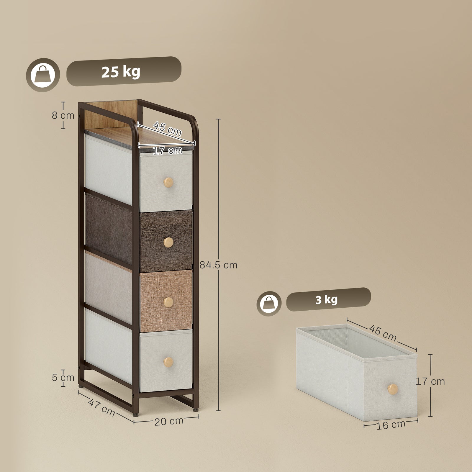 4-Drawer Storage Organiser Unit, Chest of Drawers with Steel Frame for