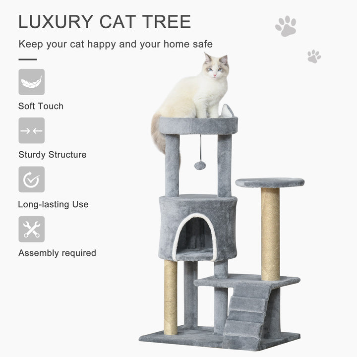 PawHut 100cm Cat Tree Tower Condo Multi Platform Kitty Cat Center with Climbing Ladder Scratching Post Hanging Toy Ball, Light Grey | Aosom UK