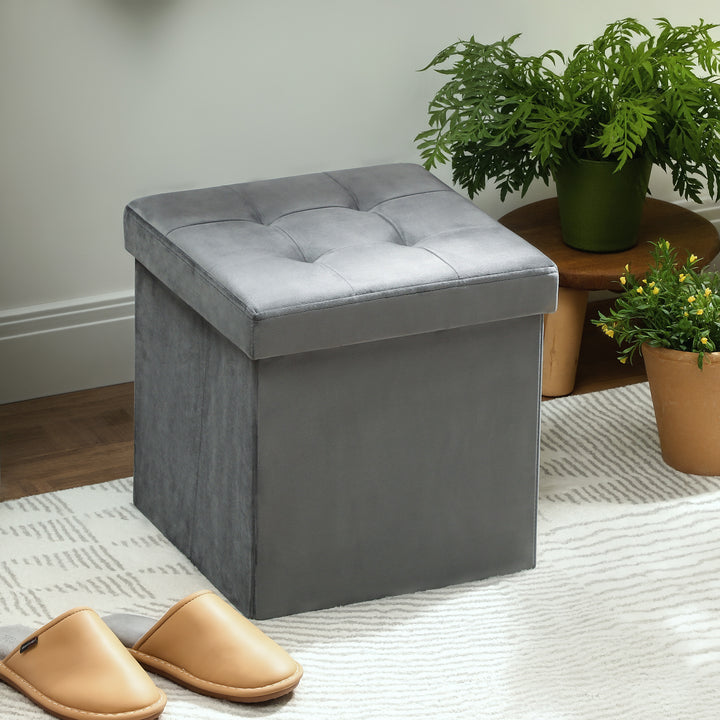 Foldable Velvet-Feel Storage Ottoman - Grey