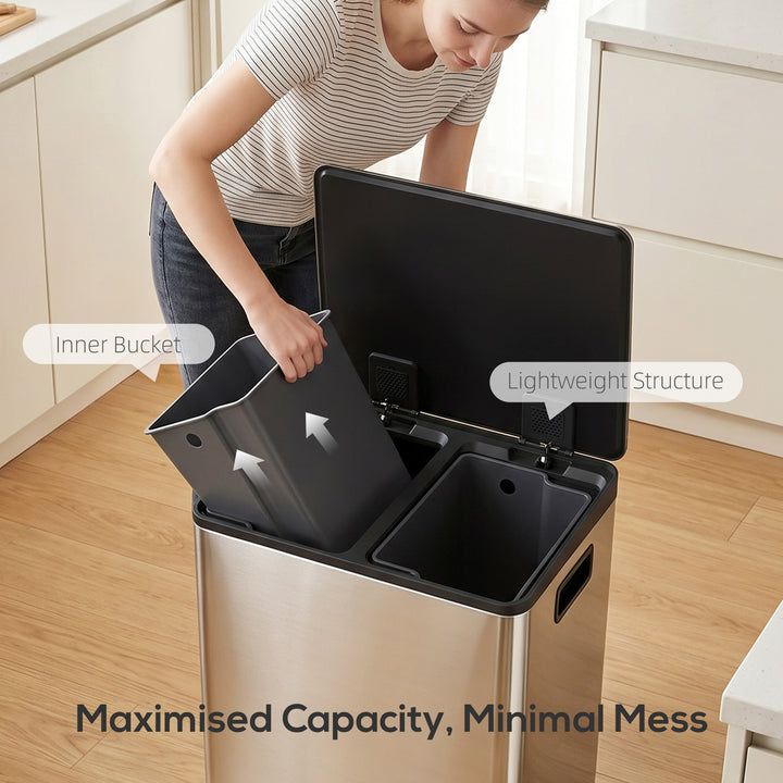 60L Dual Compartment Stainless Steel Bin, with Deodoriser Holders - Si
