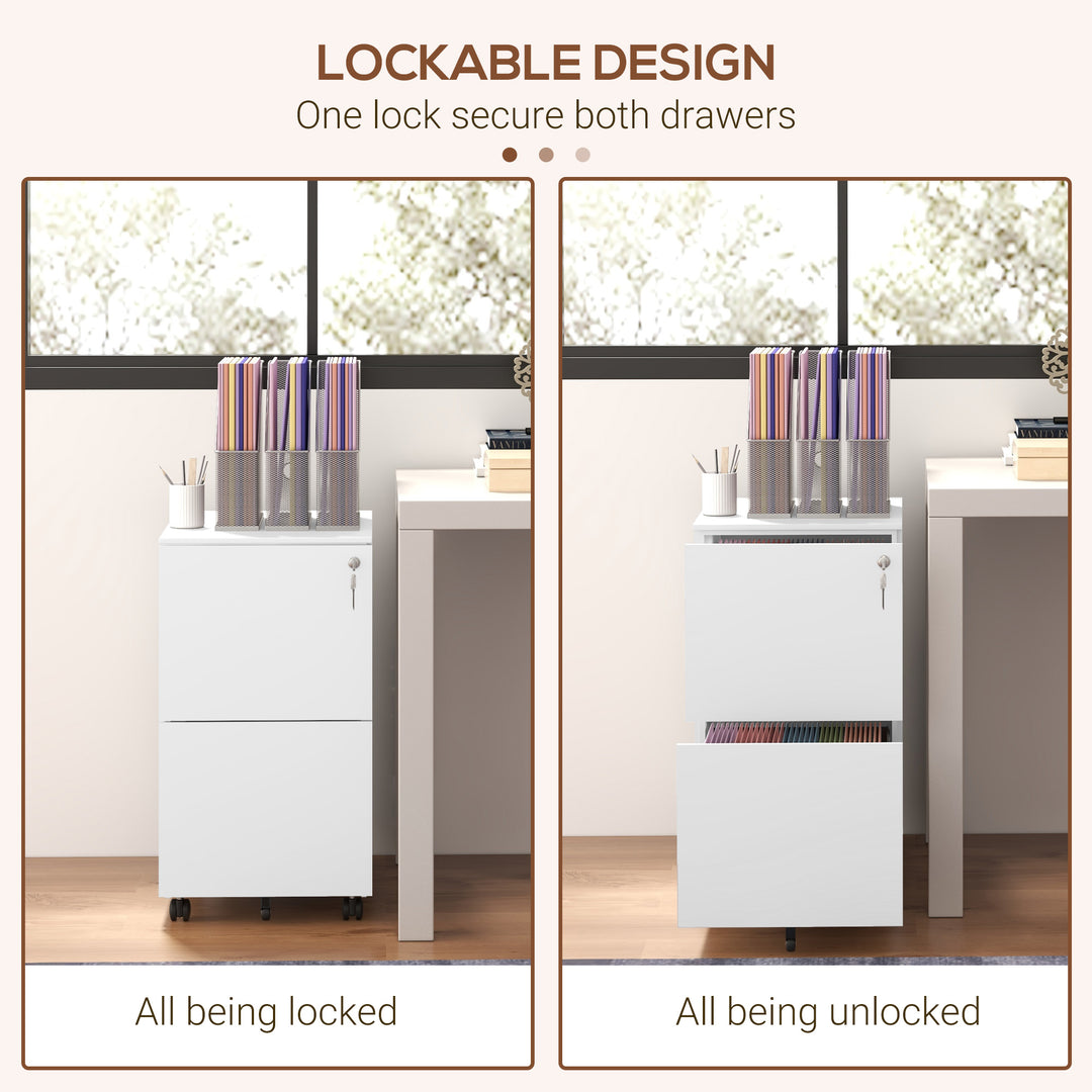 2-Drawer Vertical Filing Cabinet with Lock and 5 Wheels, Steel Mobile File Cabinet, for A4, Legal and Letter Size, Pre-Assembled Body, White