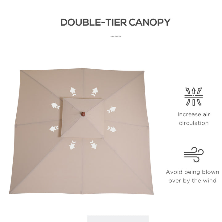 3 x 3 metre Patio Parasol Garden Umbrellas Sunshade Outdoor Wooden Parasol Canopy Double Tier, Beige, BASE NOT INCLUDED