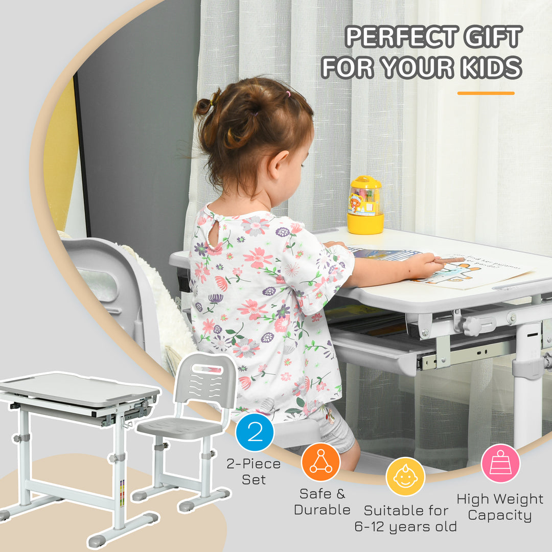 HOMCOM Kids Desk and Chair Set Height Adjustable Student Writing Desk Children School Study Table with Tiltable Desktop, Grey