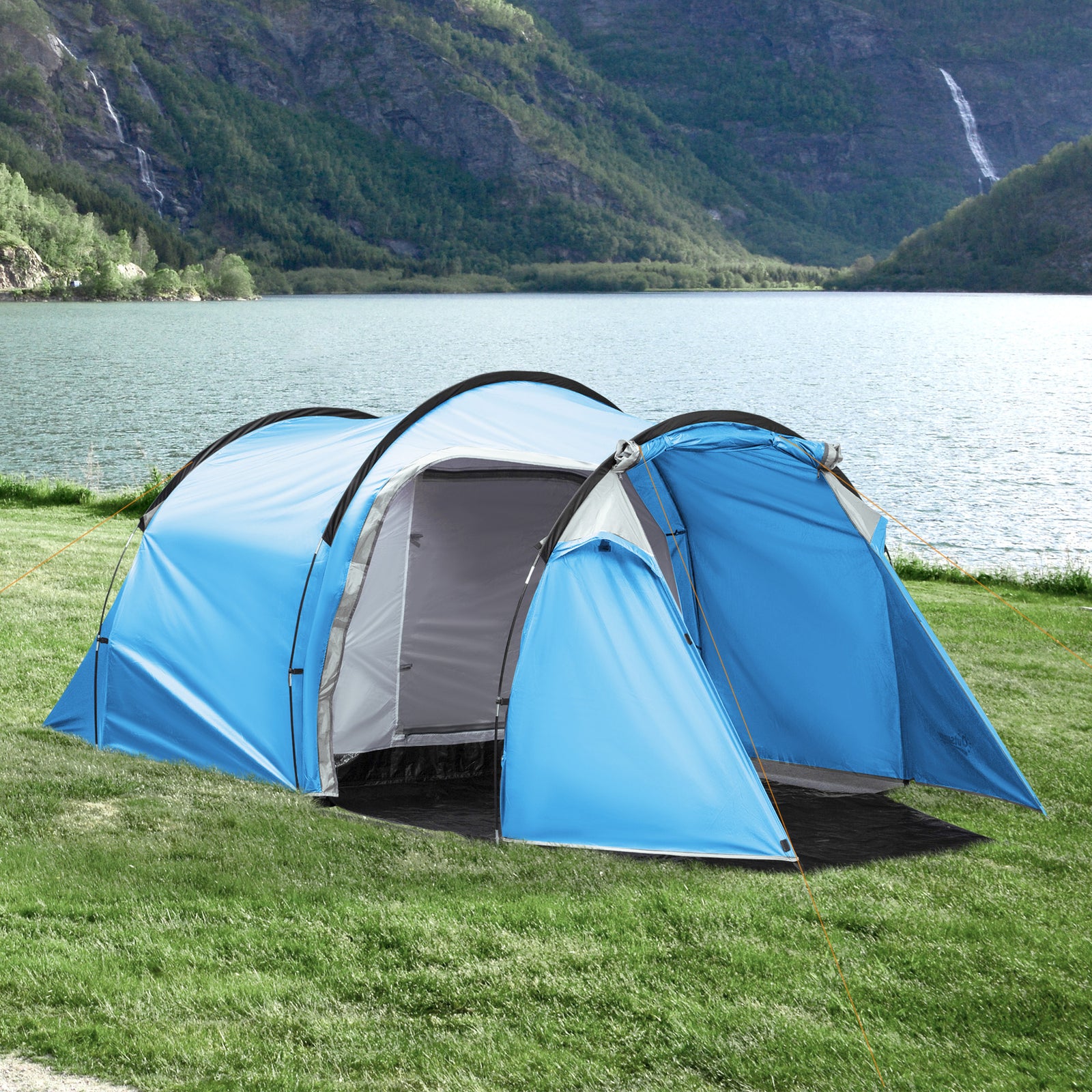 2-3 Man Tunnel Tent with Vestibule, Weather-Resistant Camping Tent with Air Vents for Fishing Hiking, Light Blue & Grey