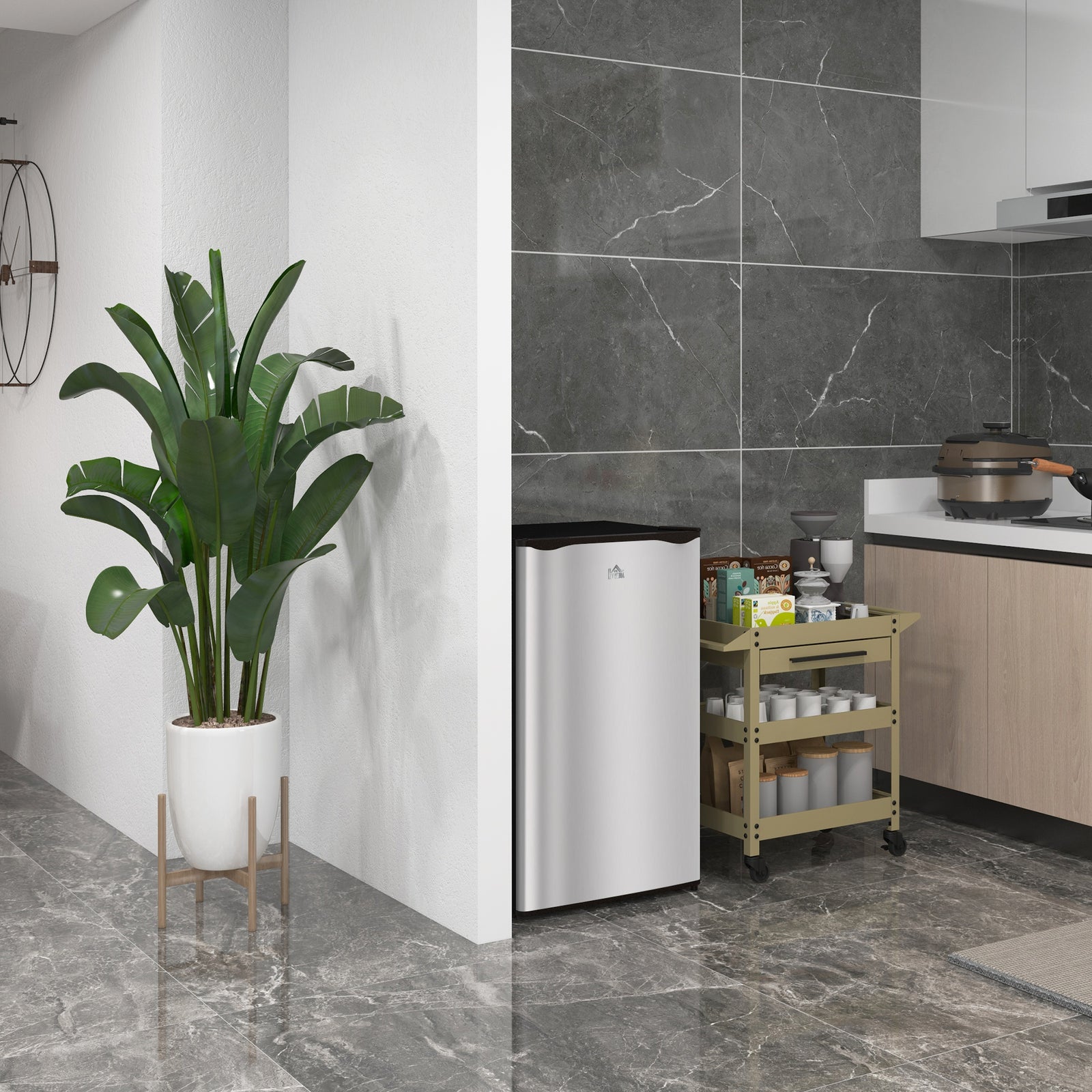 91 Litre Freestanding Under Counter Fridge Freezer, Small Fridge with Chiller Box, Adjustable Thermostat, 47.5cm Wide, Silver Tone