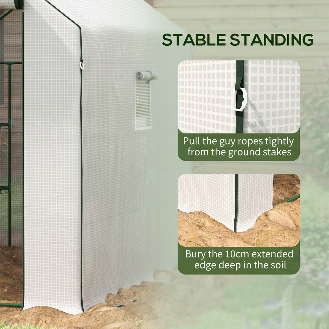 Walk-in Greenhouse with 3 Tier 12 Shelves, Small Greenhouse with Reinforced PE Cover, Garden Plant Growhouse with Roll-up Door and Three Mesh Windows, 140 x 213 x 190 cm, White