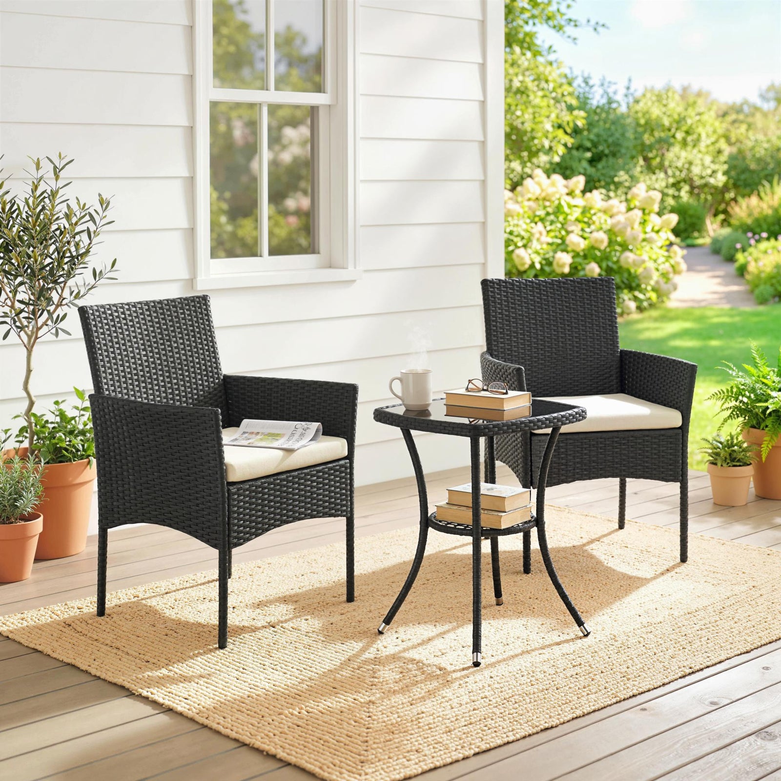 3 Piece Rattan Bistro Set, PE Wicker Garden Furniture Conversation Set