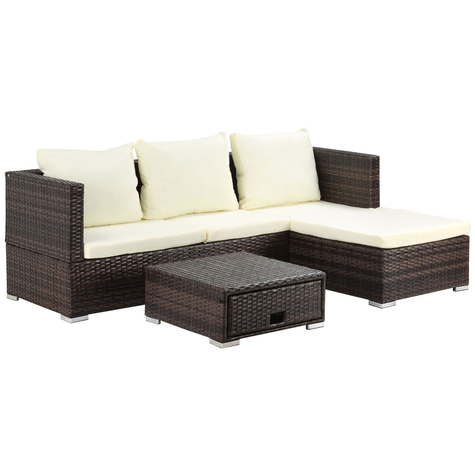 3 Pieces Rattan Garden Furniture Sofa Set, 4 Seater Garden Corner Sofa with 5-Level Reclining Sun Lounger and Storage Coffee Table, Outdoor Furniture Conservatory Set with Cushions, Brown