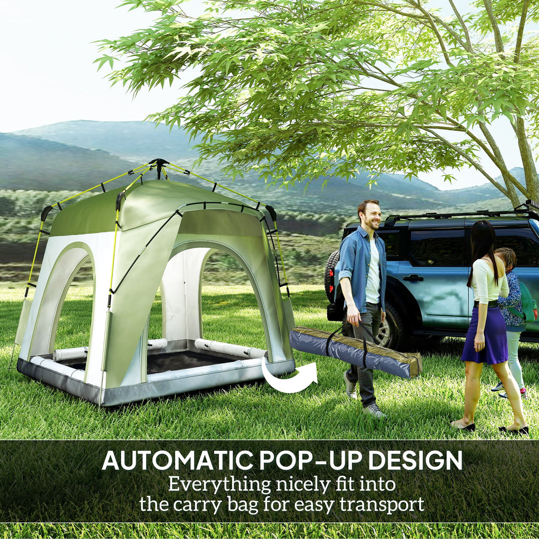 MCL Instant Pop Up Camping Tent, 4 Man Dome Tent with 4 Doors, Sewn-in Groundsheet, Carry Bag and Top Hook for Fishing Hiking Festival, Green