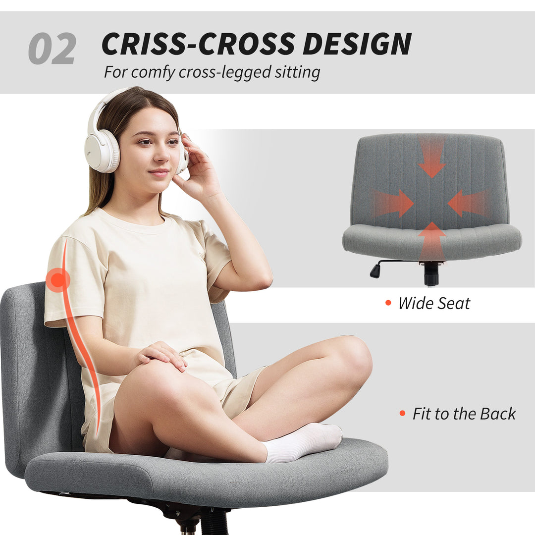 Armless Office Chair No Wheels, Linen Fabric Criss Cross Legged Desk Chair with Wide Seat, Thick Padding, Tilt Function, Height Adjustable Swivel Computer Seat for Home, Grey