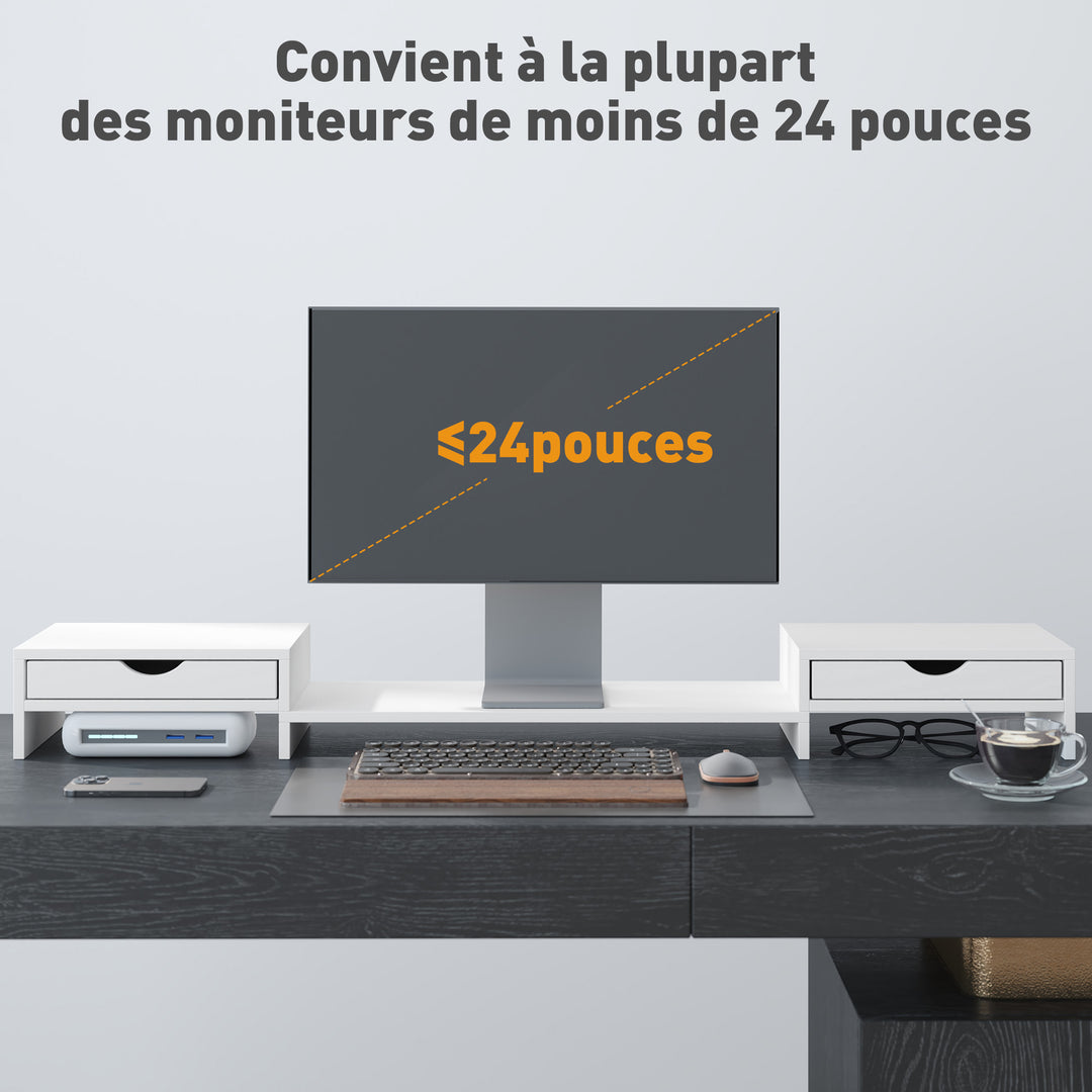 Dual Monitor Stand Riser with 2 Drawers, Adjustable Length and Angle, 116cm Monitor Riser for Laptop, Computer, PC, Small Printer, White