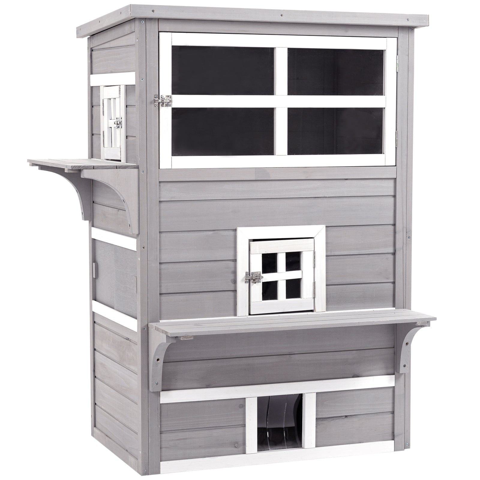 Three-Tier wooden Kitten Shelter, Outdoor Cat House, with Jumping Platforms, Asphalt Roof, Doors - Grey