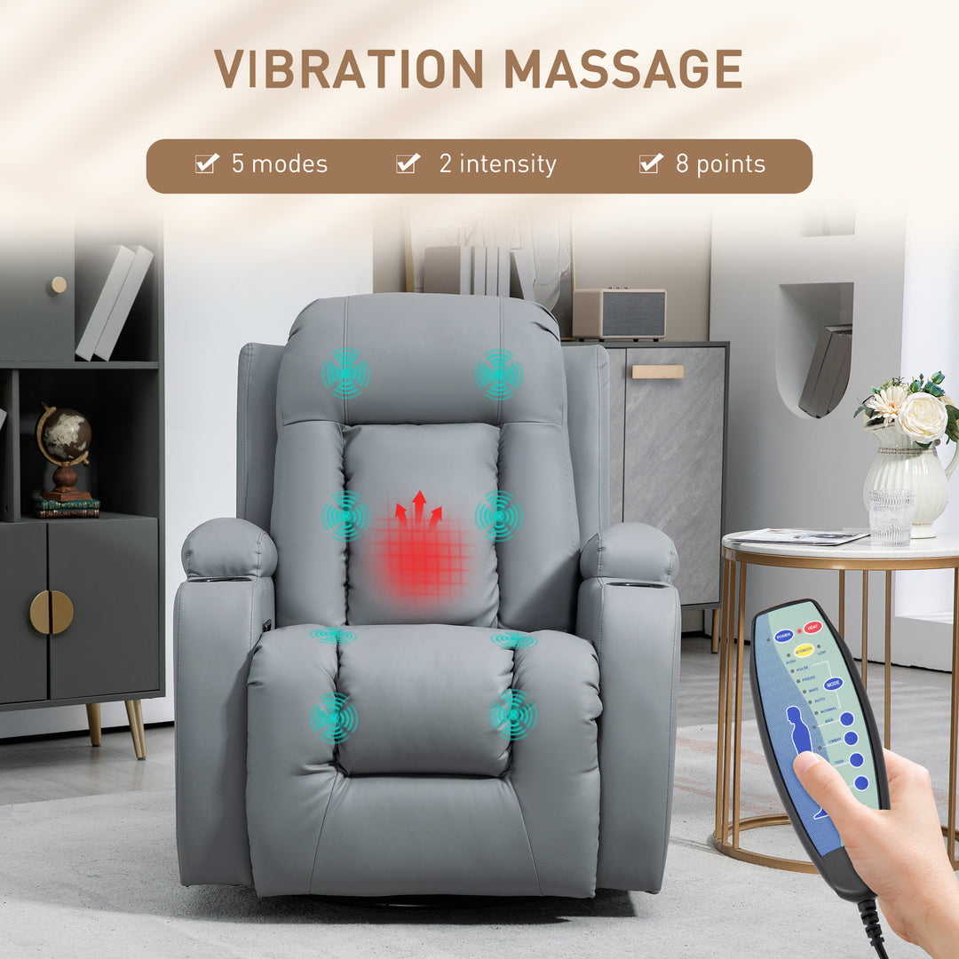 Massage Recliner Chair with 8 Vibration & Heat, PU Leather Recliner Armchair with Cup Holders and Side Pockets, Manual Reclining Chair with Remote, 360° Swivel, Rocking, Light Grey