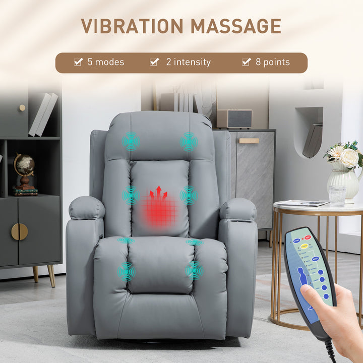 Massage Recliner Chair with 8 Vibration & Heat, PU Leather Recliner Armchair with Cup Holders and Side Pockets, Manual Reclining Chair with Remote, 360° Swivel, Rocking, Light Grey