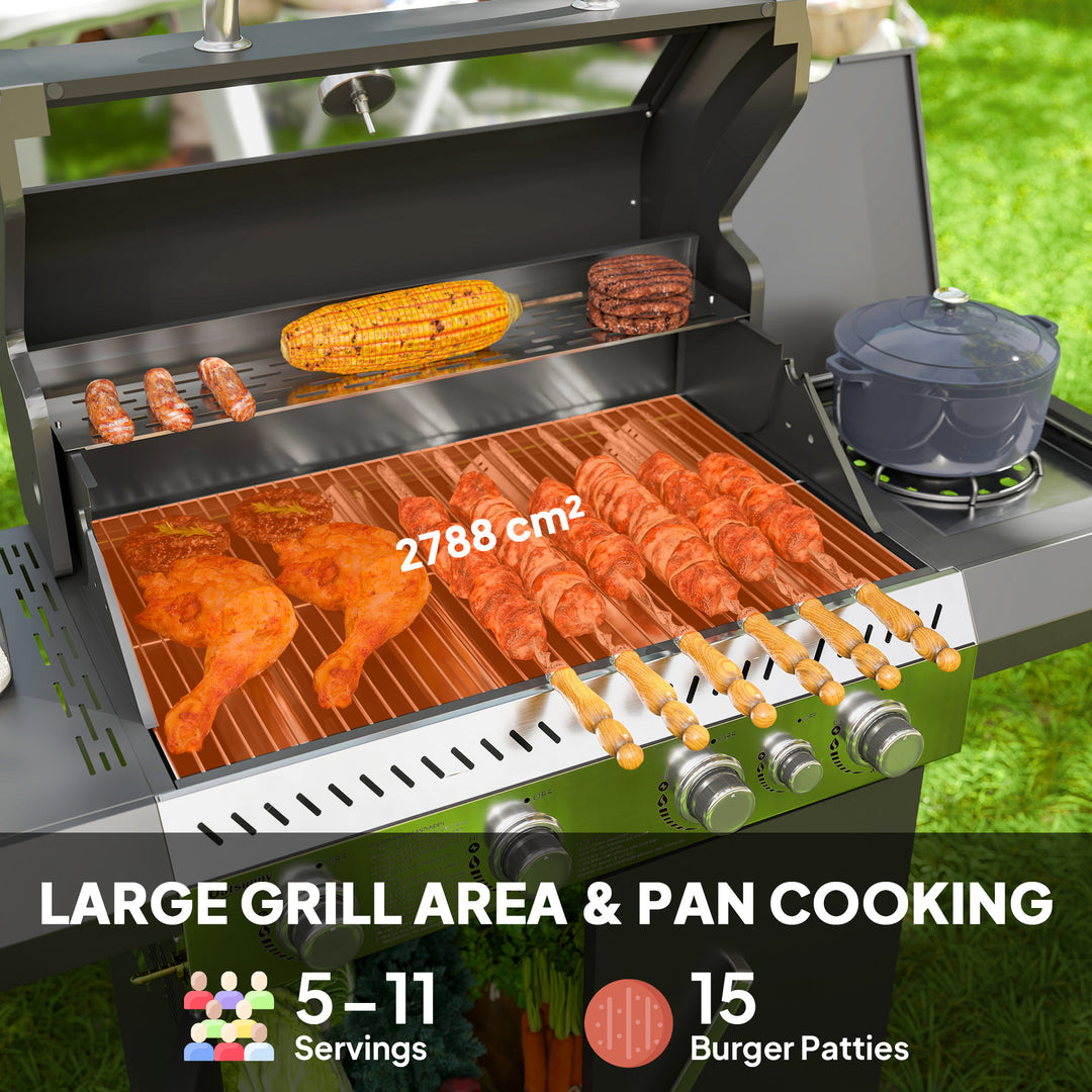 4+1 Burner Gas BBQ Grill with Clear View Lid, Portable Gas Barbecue Grill with Built-in Thermometer, Side Table, Cabinet, Wheels, Grease Tray for Garden Party Outdoor Cooking, Black