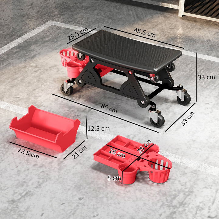 Rolling Mechanic Stool, 135kg Capacity Workshop Stool with 360° Swivel Wheels, Roller Creeper Seat with Slide Out Tool Trays, Drawer, Bottle Holders for Garage, Shop, Auto Repair, Red