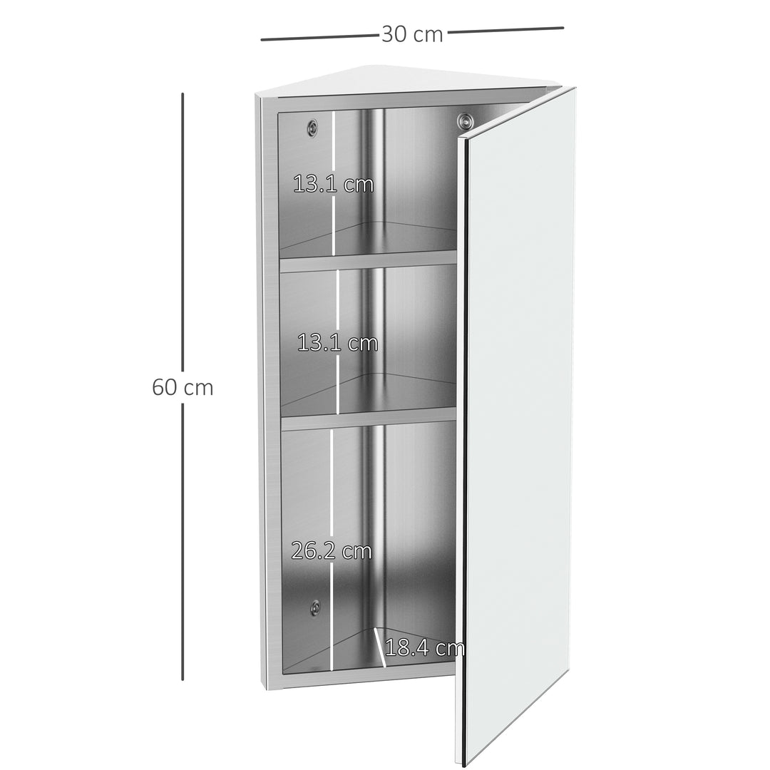 HOMCOM Stainless Steel Mirrored Cabinet: Corner-Mounted Bathroom Organiser with Single Door, 300mm Width | Aosom UK