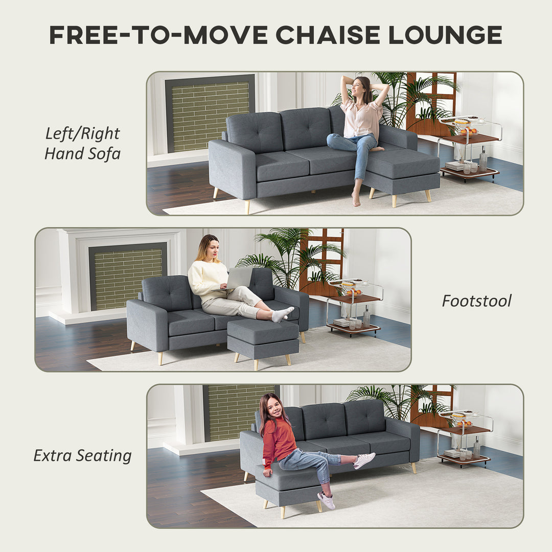 3 Seater Sofa with Footstool, Fabric L-Shaped Sofa, Sectional Couch with Wood Legs, Tufting Cushioned Back for Small Space, Living Room, Office, Dark Grey