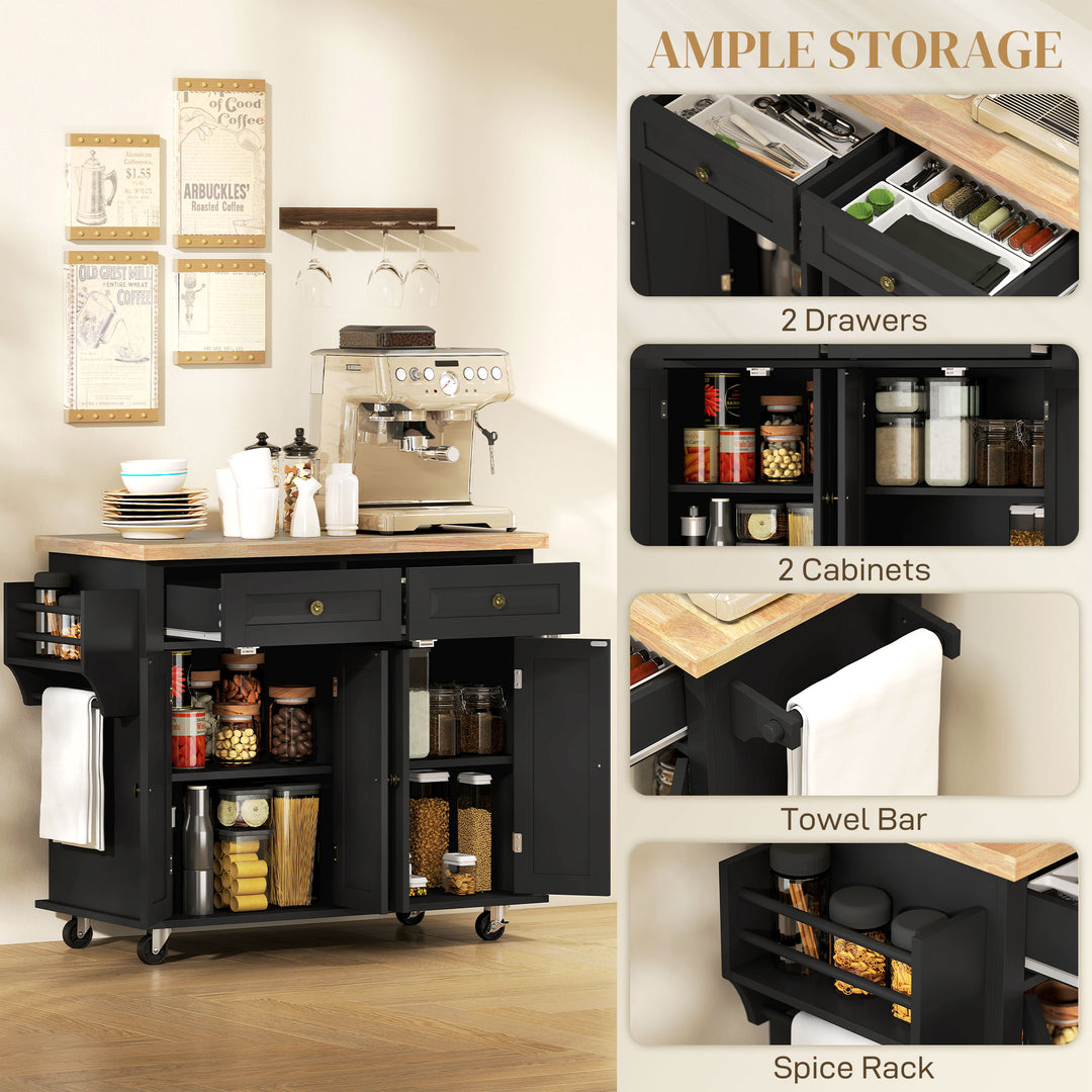 Rolling Kitchen Island Storage Trolley with Rubber Wood Top & Drawers for Dining Room, Black