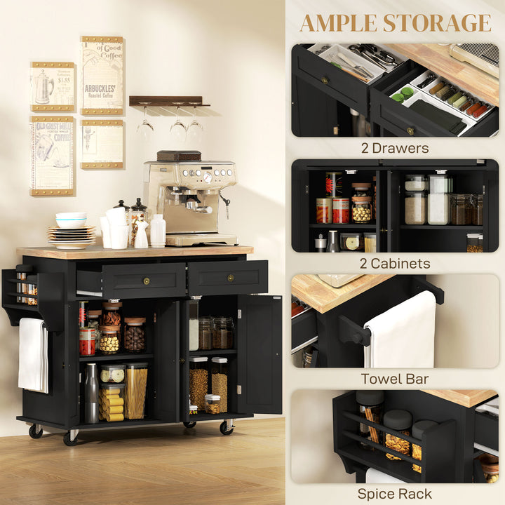 MCL Rolling Kitchen Island Storage Trolley with Rubber Wood Top & Drawers for Dining Room, Black
