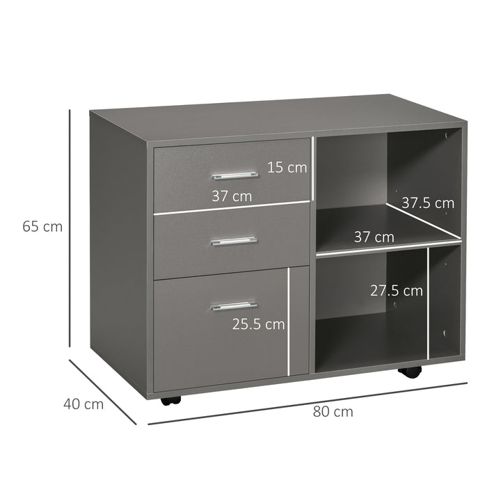 Freestanding Printer Stand Unit Office Desk Side Mobile Storage w/ Wheels 3 Drawers, 2 Open Shelves Modern Style 80L x 40W x 65H cm - Grey