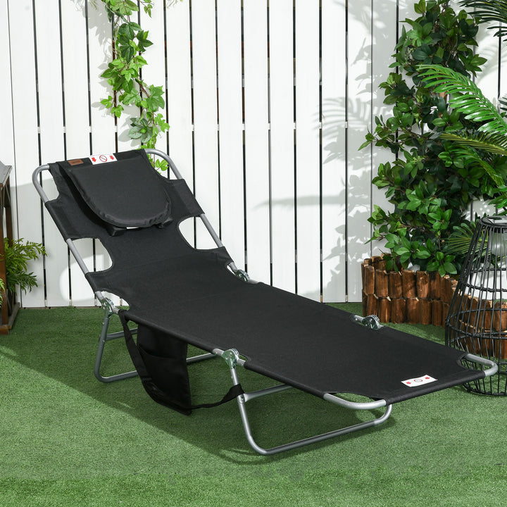 Outsunny Beach Chaise Lounge, Foldable Sun Lounger with Reading Hole, Adjustable Backrest & Side Pocket, Black