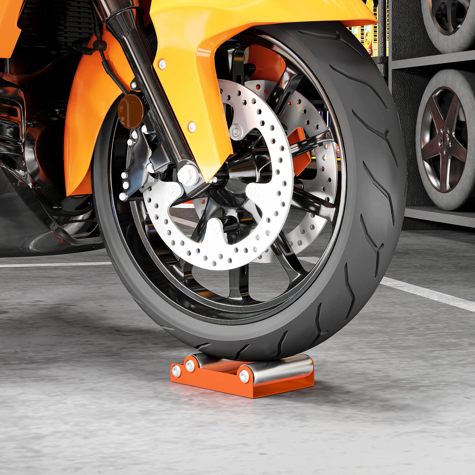 Motorcycle Wheel Cleaning Roller Stand with Steel Frame, Aluminium Rollers, Motorcycle Maintenance Stand for Tyre Cleaning and Chain Lubrication, Fit Tyre Width < 180mm, Bikes < 485lb, Orange