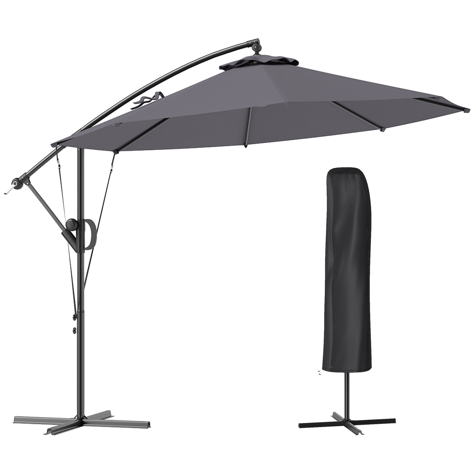 3(m) Garden Cantilever Parasol with Cover and Wind Protection Strap, Round Overhanging Umbrella with Crank Handle and Tilt, Banana Patio Umbrella for Outdoor Sun Shade, UPF50+, Grey