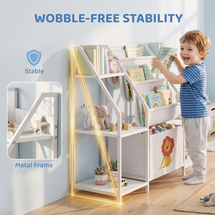 Kids Bookshelf and Toy Storage with 3-Tier Sling Book Rack and Fabric 