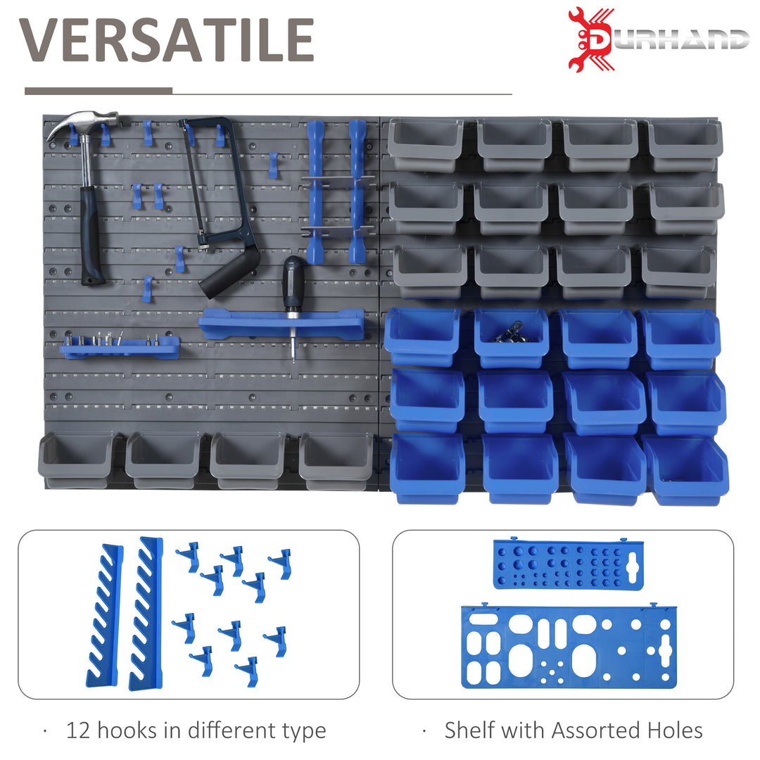 DURHAND Wall Mounted Tool Organiser, 44 Piece Storage Bins, Panel Set with Shelf, Hooks, Screws for Workshop, Blue | Aosom UK