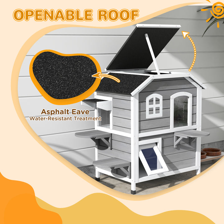 2-story Cat House Outdoor, Weatherproof Wooden Cat Enclosure for Feral Cats with Escape Door, Openable Roof, Jumping Platforms, Grey