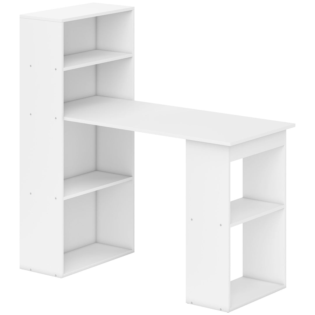 120cm Computer Desk, Wooden PC Laptop Table with 6-Tier Storage Bookshelves, Home Office Working Study Desk, Writing Workstation, White