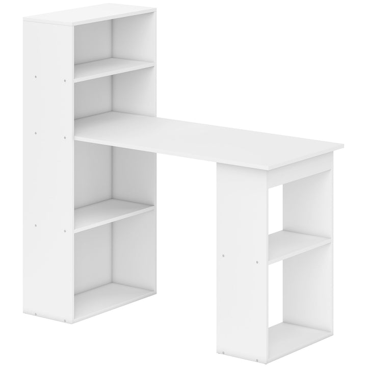 120cm Computer Desk, Wooden PC Laptop Table with 6-Tier Storage Bookshelves, Home Office Working Study Desk, Writing Workstation, White