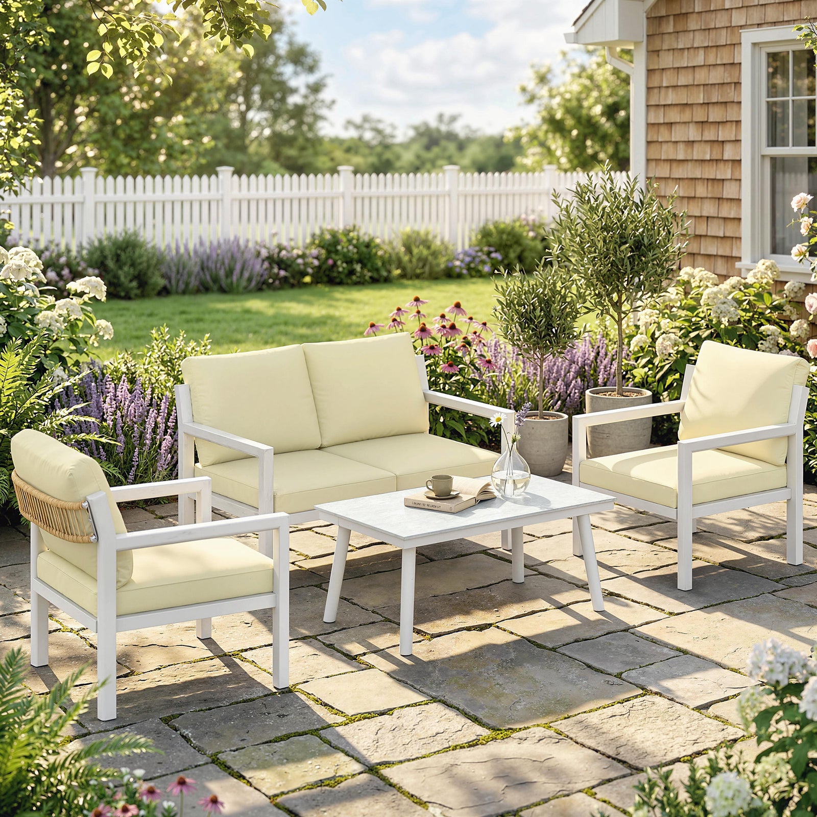 4 Seater Rattan Garden Furniture Set with 2 Armchairs, Loveseat, Coffe