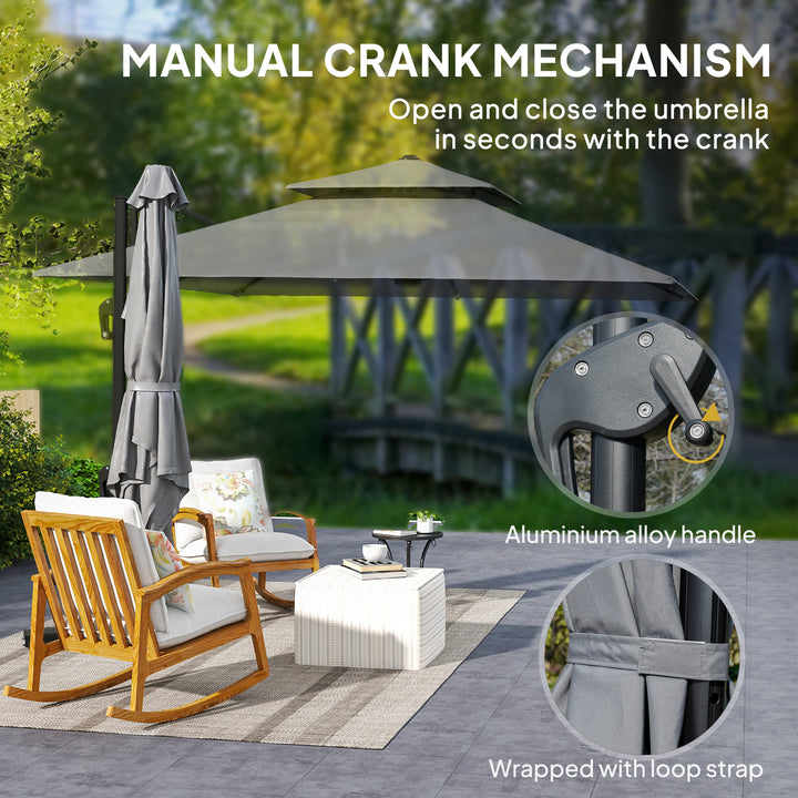 3 x 3(m) Cantilever Parasol with Aluminium Frame, Crank and Tilt, 360-Degree Rotation, Double Top Garden Umbrella with Cover (Only Cross Base), Light Grey
