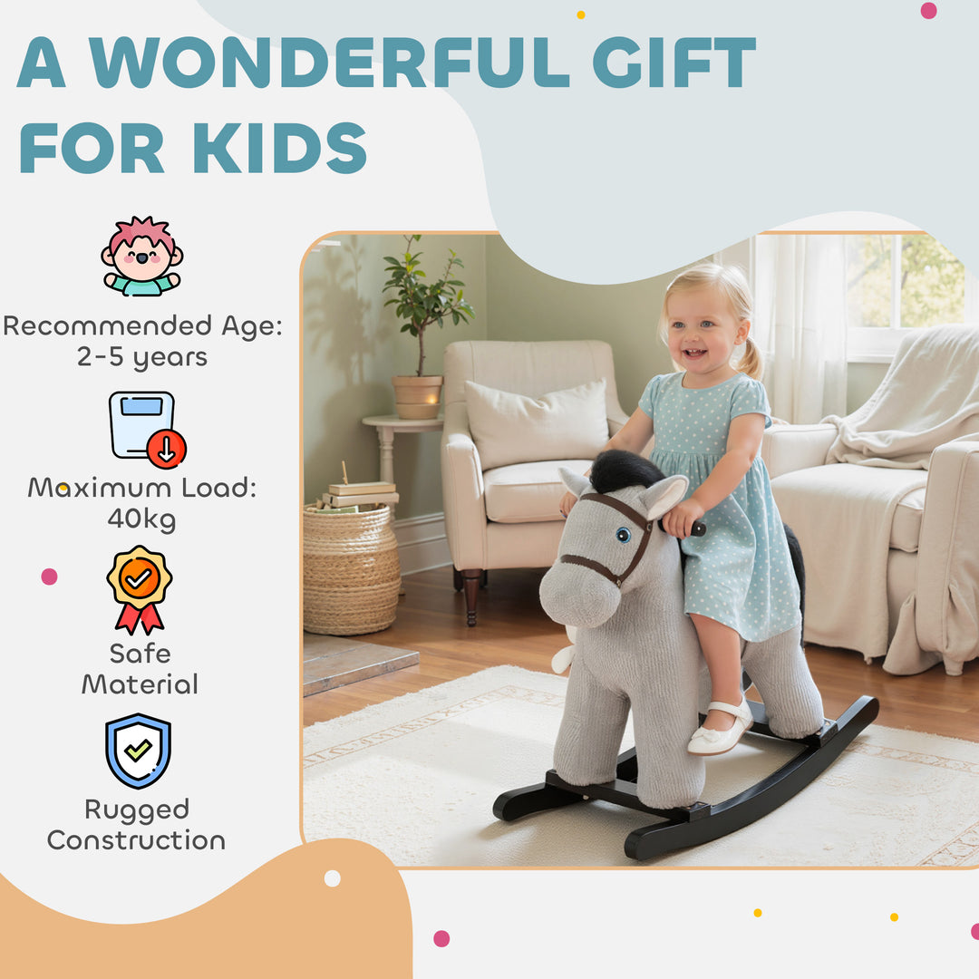Baby Rocking Horse, Plush Ride on Toy with Handle Grip, Sound and Doll, Toddler Animal Rocker for Kids Aged 2-5