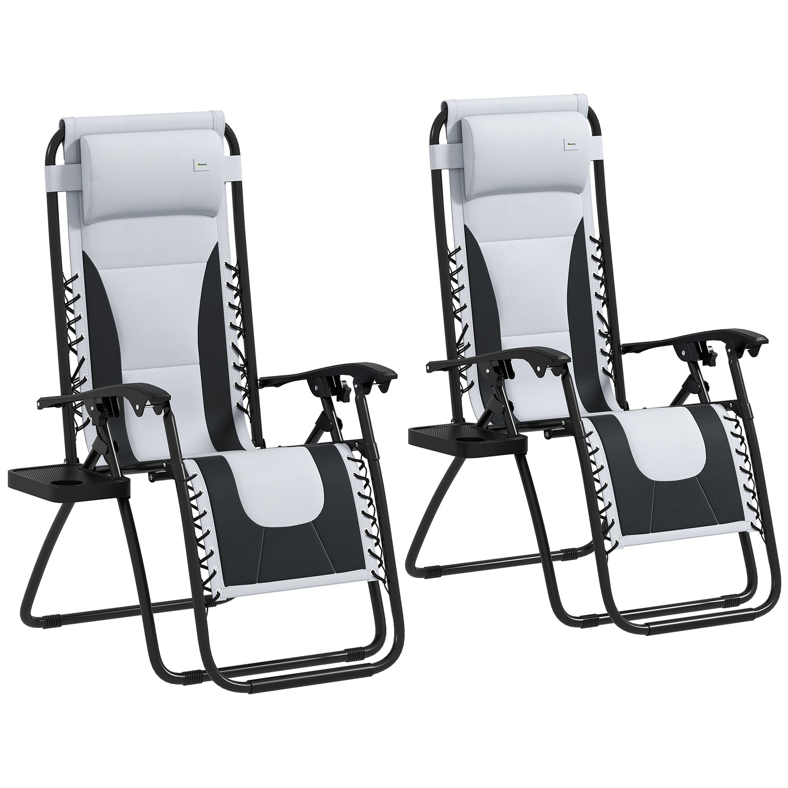 Zero Gravity Lounger Chair Set of 2, Folding Reclining Patio Chair with Padded Seat, Cup Holder, Soft Cushion and Headrest for Poolside, Camping, Grey