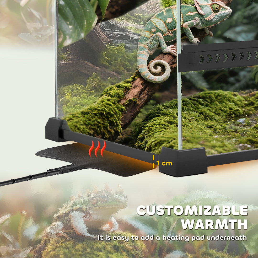 Reptile Glass Terrarium with Stone Background, Front Ventilation, Escape-Proof Knob Lock, 30 x 30 x 30 cm, Black