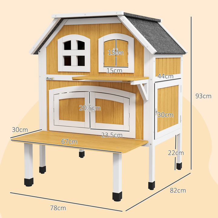 PawHut Outdoor Cat Shelter 2 Tiers Wooden Feral Cat House with Openable Asphalt Roof, Escape Doors, Terrace, for 1-2 Cats | Aosom UK