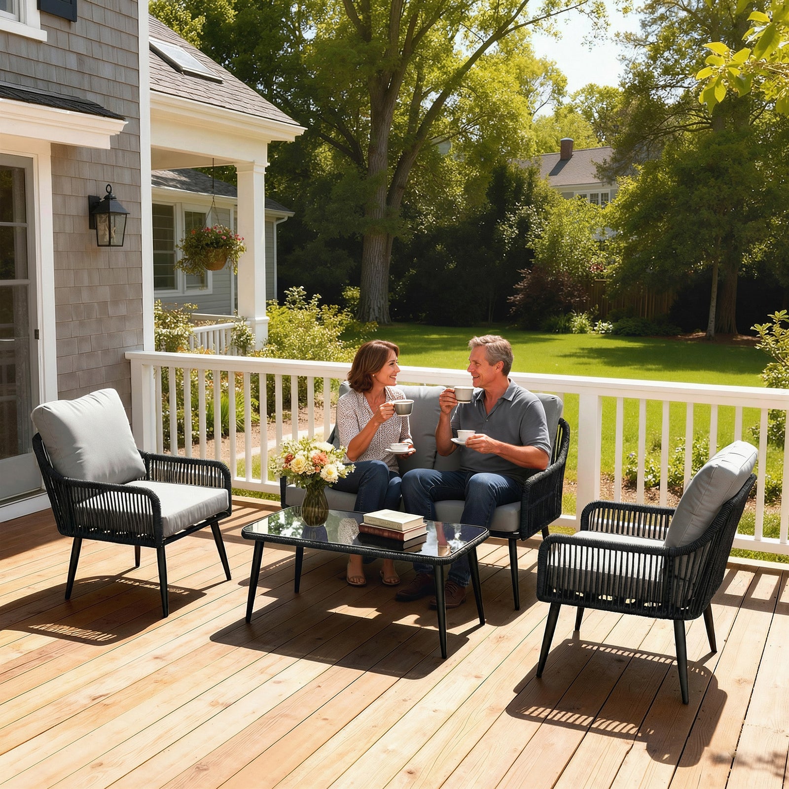 Rattan Garden Furniture Set, 4 Piece Outdoor Patio Furniture with Temp